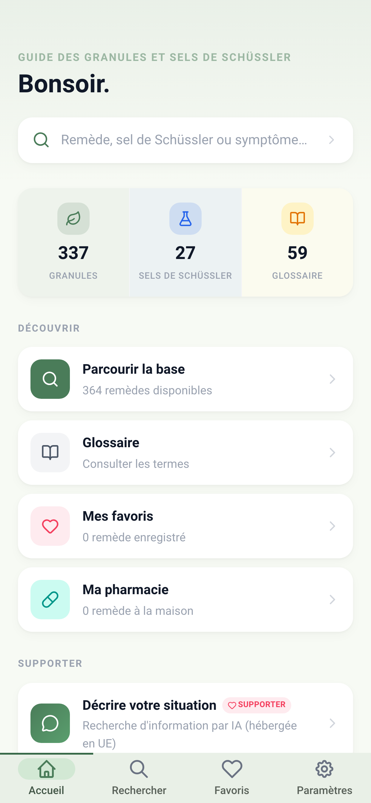 Écran d'accueil de l'app