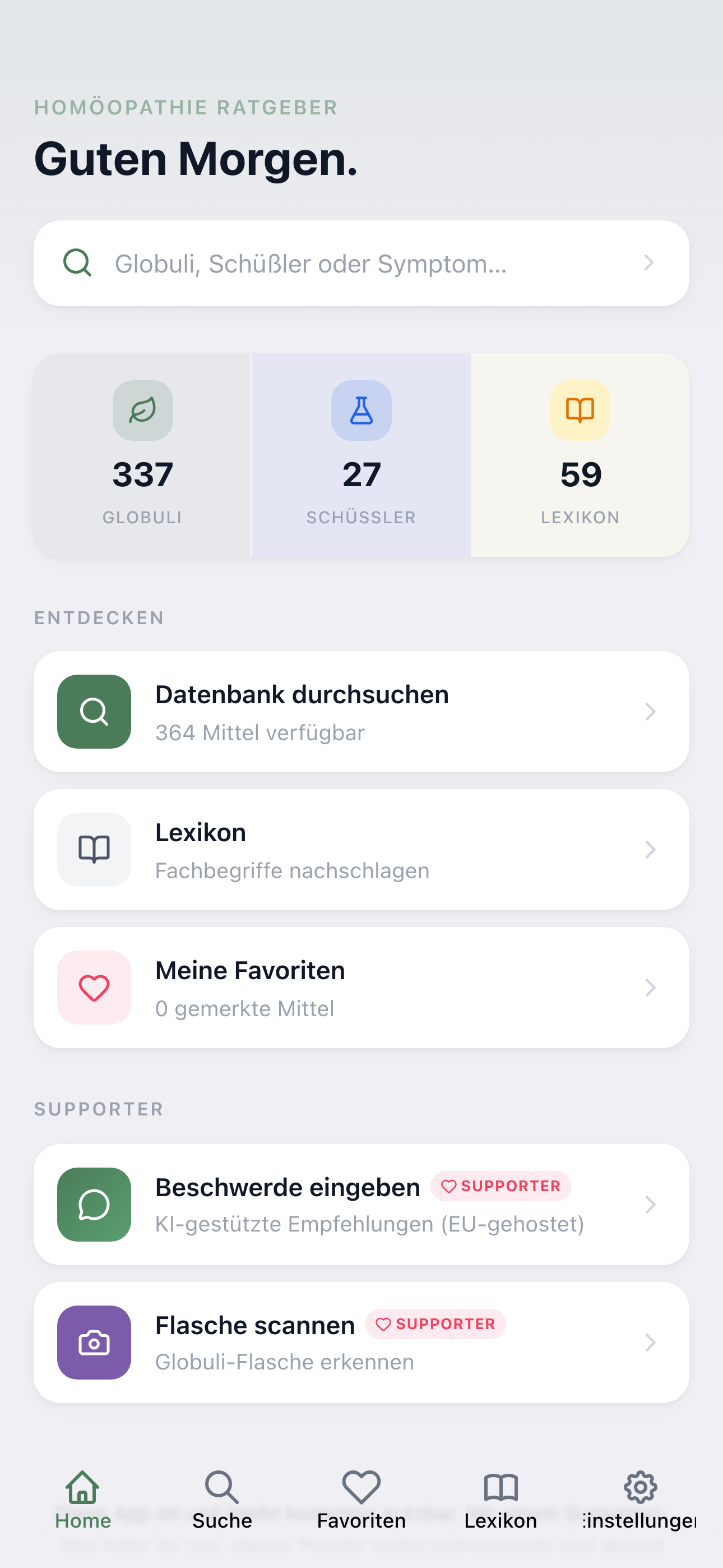 Globuli App Home-Bildschirm